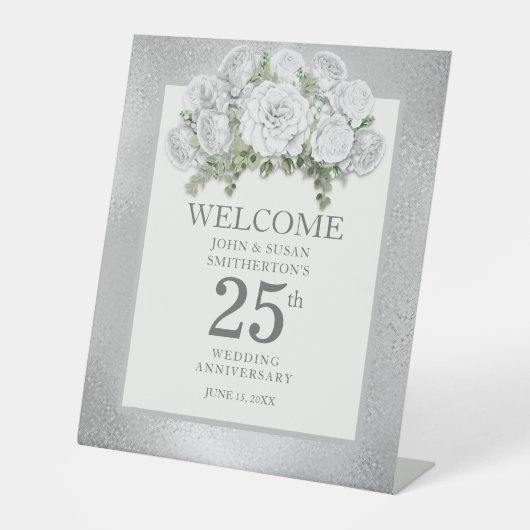 Silver White Floral 25. Hochzeitstag Sockelschild (Vorderseite)