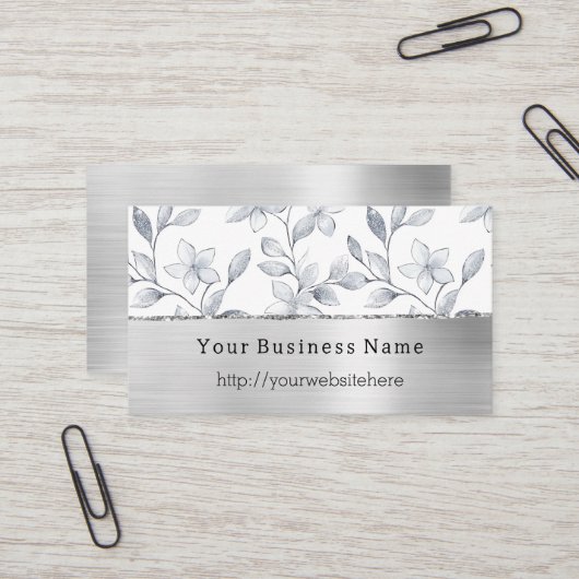 Silver White Floral Business name website Visitenkarte (Vorderseite/Rückseite Beispiel)