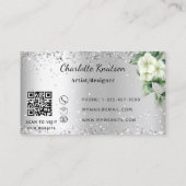 Silver white florale eucalyptus monogram QR code Visitenkarte (Rückseite)