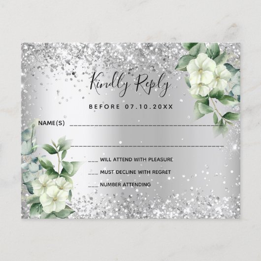 Silver white florals eucalyptus weded RSVP Note Flyer (Vorne)