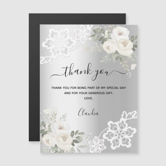 Silver White Florals Spitze Dank Karte Magnet (Vorne/Hinten)