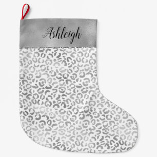 Silver White Glam Leopard Print Großer Weihnachtsstrumpf