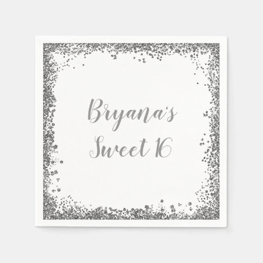 Silver White Glitzer Glam Edge Sweet 16 Party Serviette (Vorderseite)