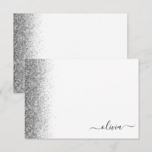 Silver White Glitzer Script Monogram Girly Dankeskarte