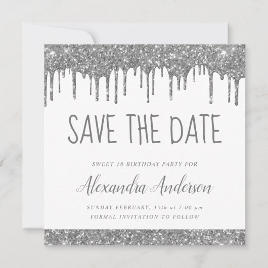 Silver White Glitzer Sweet 16 Save the Date Einladung (Vorderseite)