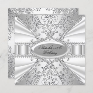 Silver & White Jewel Damask Geburtstag Einladung