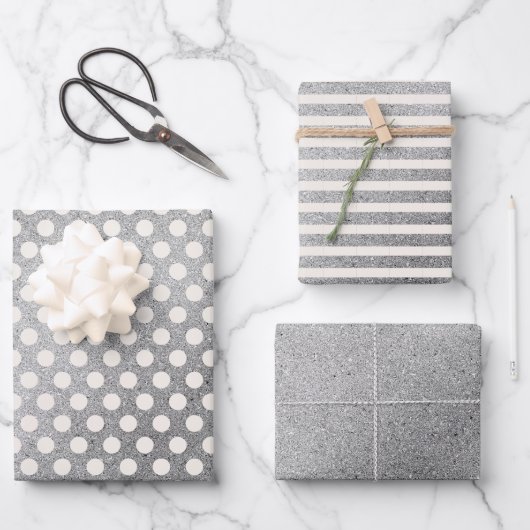 Silver White Polka Dots Streifen Weihnachtsfeierta Geschenkpapier Set (Vorderseite)