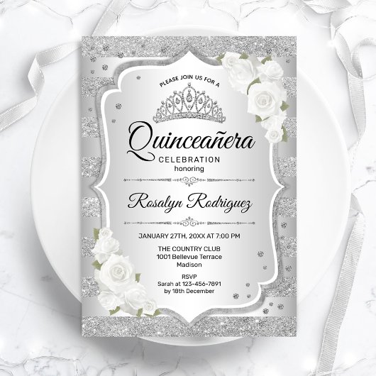 Silver White Quinceanera Einladung