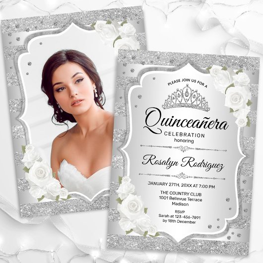 Silver White Quinceanera Foto Einladung