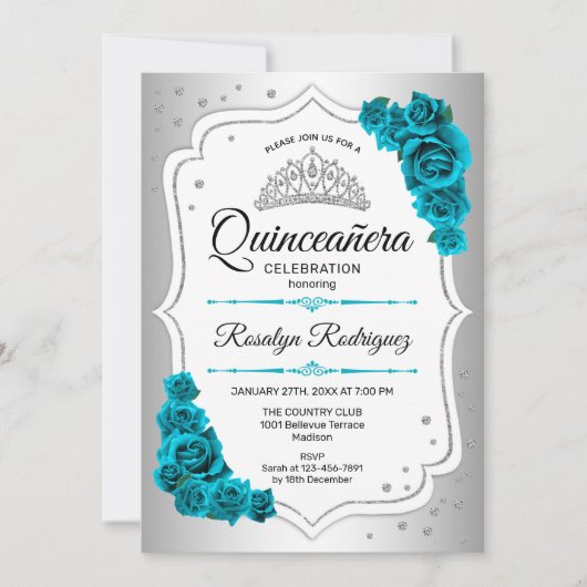 Silver White Royal Aquamarin Quinceanera Einladung (Vorderseite)