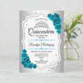 Silver White Royal Aquamarin Quinceanera Einladung (Stehend Vorderseite)
