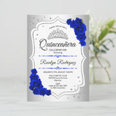 Silver White Royal Blue Foto Quinceanera Einladung (Stehend Vorderseite)