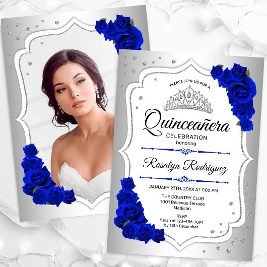 Silver White Royal Blue Foto Quinceanera Einladung