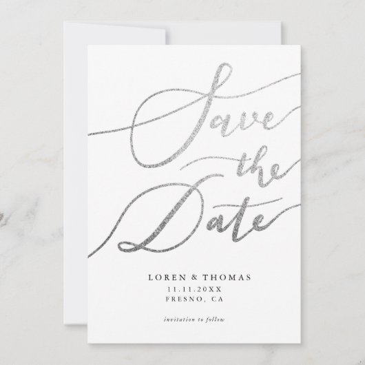 Silver White Script Typografie Save The Date (Vorderseite)