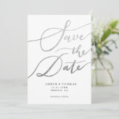Silver White Script Typografie Save The Date (Stehend Vorderseite)
