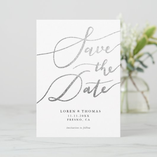Silver White Script Typografie Save The Date (Stehend Vorderseite)