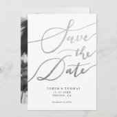 Silver White Script Typografie Save The Date (Vorne/Hinten)