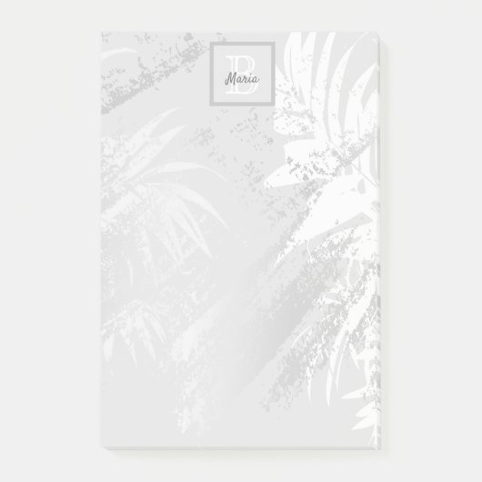 Silver white tropal palm Blätter monogram Post-it Klebezettel (Vorderseite)
