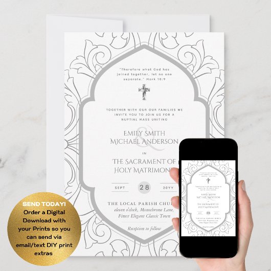 Silver White Verziert katholic Nuptial Mass Weddin Einladung