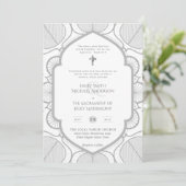Silver White Verziert katholic Nuptial Mass Weddin Einladung (Stehend Vorderseite)