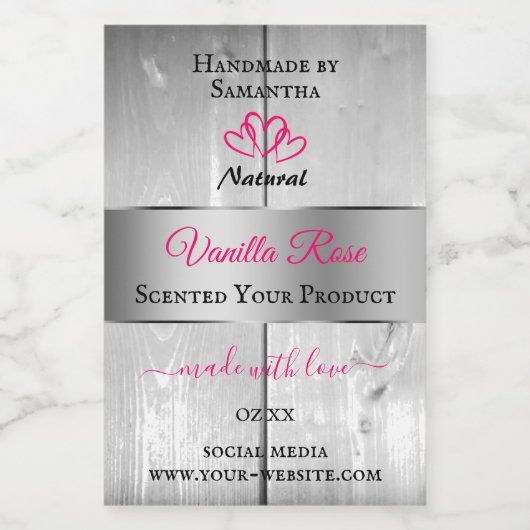 Silver White Wood Grain Product Labels Pink Hearts Lebensmitteletikett (Einzelnes Label)