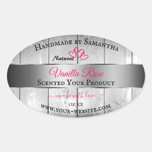 Silver White Wood Grain Product Labels Pink Hearts Ovaler Aufkleber (Vorderseite)