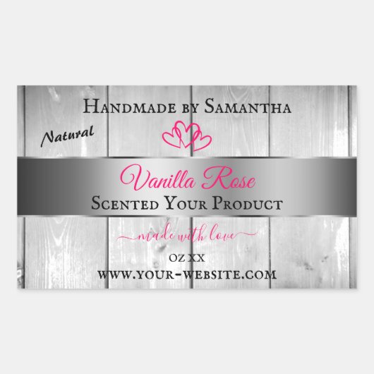 Silver White Wood Grain Product Labels Pink Hearts Rechteckiger Aufkleber (Vorderseite)