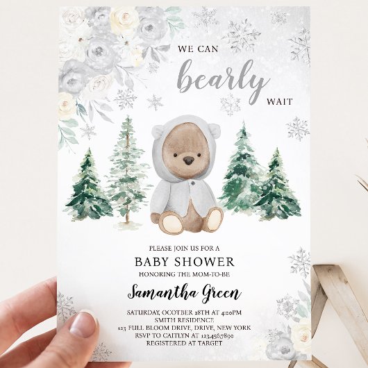 Silver Winter Bear Baby Dusche Einladung