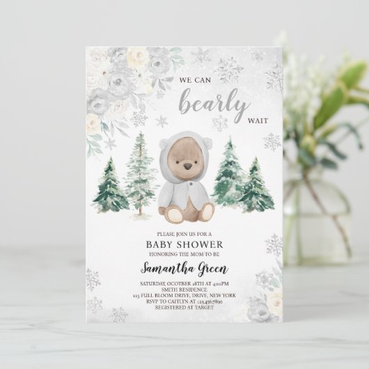 Silver Winter Bear Baby Dusche Einladung (Stehend Vorderseite)
