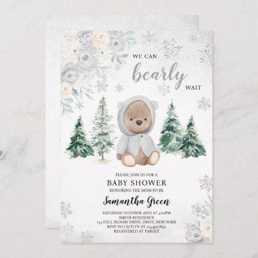Silver Winter Bear Baby Dusche Einladung (Vorne/Hinten)