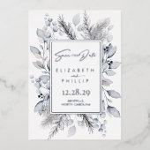 Silver Winter Botanischer Urlaub Save the Date Folieneinladung (Vorderseite)