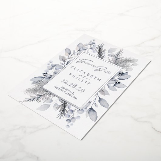 Silver Winter Botanischer Urlaub Save the Date Folieneinladung (Gedreht)