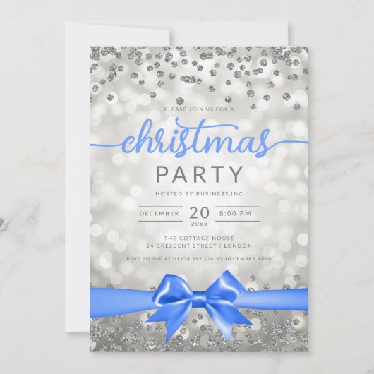 Silver Winter Glam Company Xmas Blue Ribbon Einladung (Vorderseite)