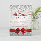 Silver Winter Glam Company Xmas Red Ribbon Einladung (Stehend Vorderseite)