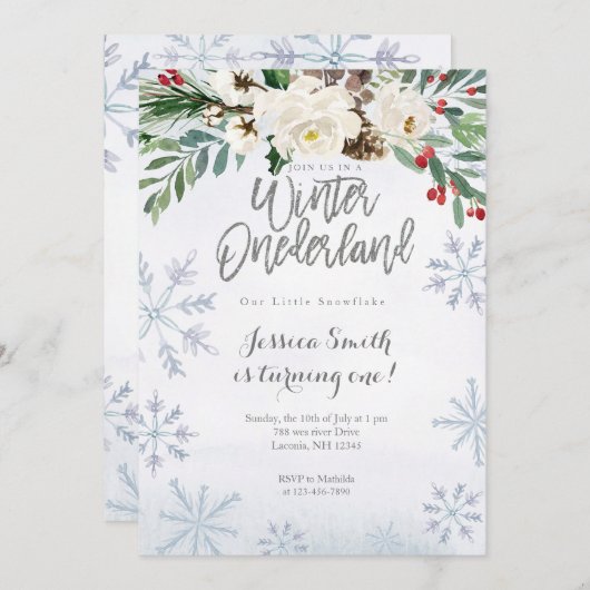 Silver Winter Onederland Einladung zum 1. Geburtst (Vorne/Hinten)