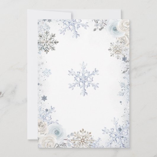 Silver Winter Schnee in Liebe Schneeflocken Brautp Einladung (Rückseite)