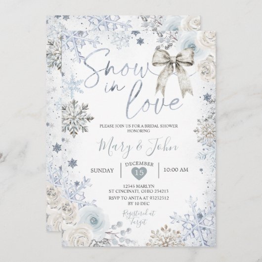 Silver Winter Schnee in Liebe Schneeflocken Brautp Einladung (Vorne/Hinten)