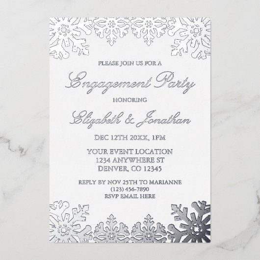 Silver Winter Snowflake Engagement Party Folieneinladung (Vorderseite)