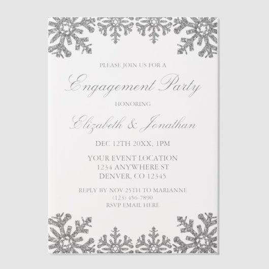 Silver Winter Snowflake Engagement Party Pergament Einladungen (Vorderseite)