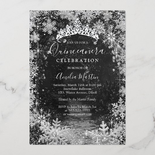 Silver Winter Snowflake Garden Quinceanera Folieneinladung (Vorderseite)