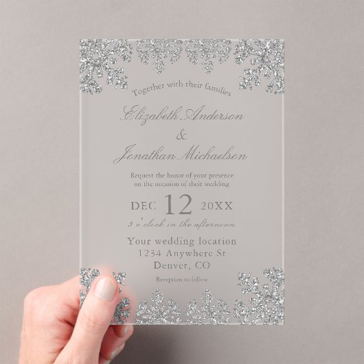 Silver Winter Snowflake Wedding Acryleinladungen (Insitu (Handheld))