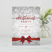 Silver Winter Snowflakes Company Red Ribbon Einladung (Stehend Vorderseite)
