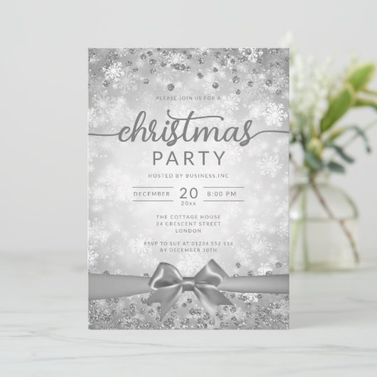 Silver Winter Snowflakes Company Ribbon Einladung (Stehend Vorderseite)