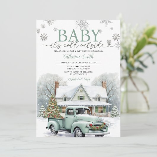 Silver Winter Truck Es ist kalte Außendusche Einladung (Stehend Vorderseite)