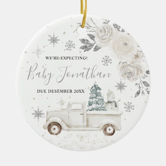 Silver Winter Truck Wir erwarten Eltern Keramik Ornament (Vorne)