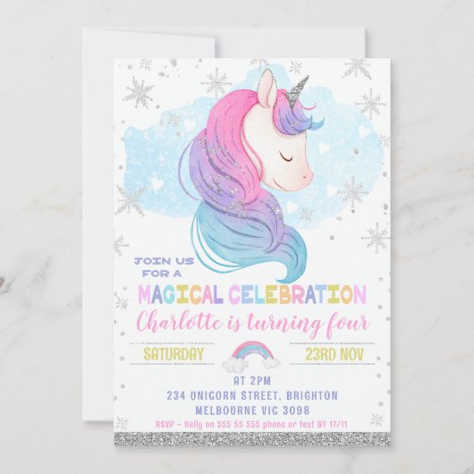 Silver Winter Unicorn Rainbow Birthday Einladung (Vorderseite)
