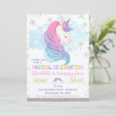 Silver Winter Unicorn Rainbow Birthday Einladung (Stehend Vorderseite)