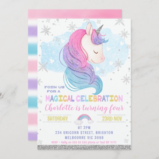 Silver Winter Unicorn Rainbow Birthday Einladung (Vorne/Hinten)