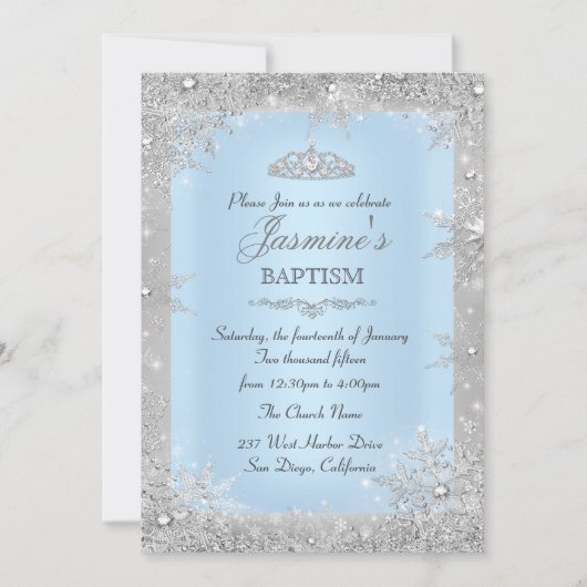 Silver Winter Wonderland Blue Baptisse Christening Einladung (Vorderseite)