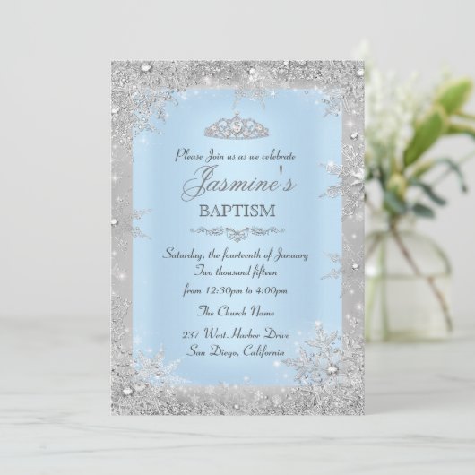 Silver Winter Wonderland Blue Baptisse Christening Einladung (Stehend Vorderseite)